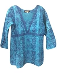 Womens Blouse Ocean Blue Cotton Blouse Peasant Boho Tunic med