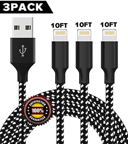 BULESK Lightning Cable 3Pack 10FT Nylon Braided Certified iPhone Cable USB Cord Charging Charger for Apple iPhone X, 8, 7 Plus, 6, 6s, 6+, 5, 5c, 5s, SE, iPad, iPod Nano, iPod Touch (Black White)