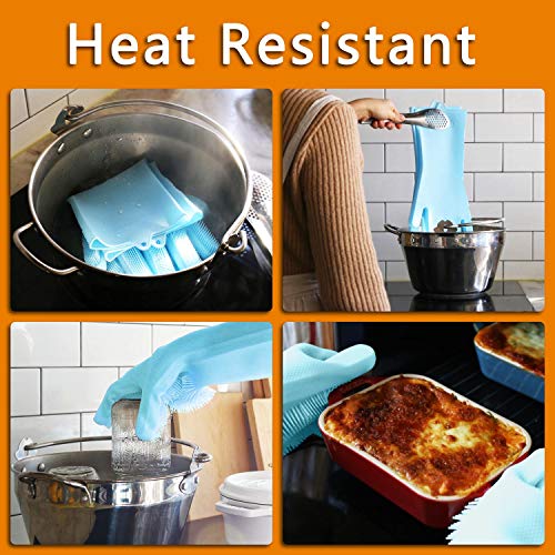 ThxToms Reusable Silicone Dishwashing Gloves, Pair of Rubber Scrubbing Gloves for Dishes, Wash Cleaning Gloves with Sponge Scrubbers for Kitchen, Bathroom and Car (Blue)