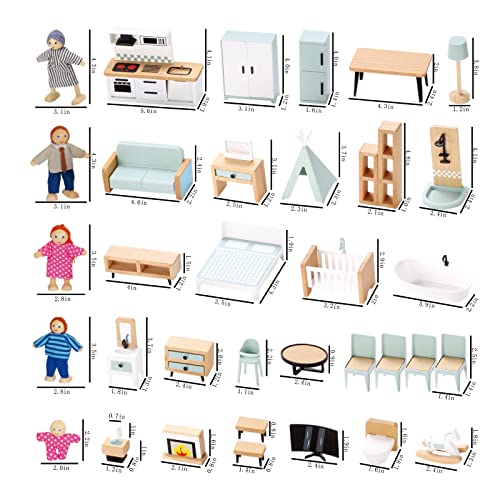 Wooden Dollhouse Furniture Set, 37pcs Furnitures with 5 Family Dolls