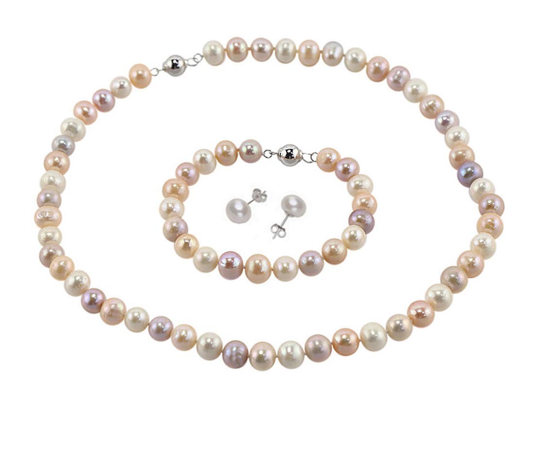 Treasure Bay Classic Multicolour Freshwater Pearl Necklace Set for Women | 8-9mm Real Pearl Strand with Magnetic Clasp, Bracelet & Stud Earrings – Elegant Jewelry Gift