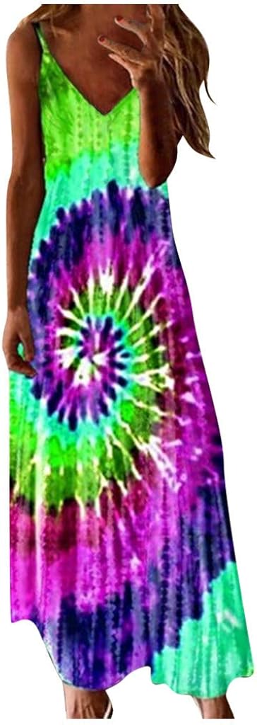 Sunhusing Women's Summer 2020 V-Neck Tie-Dyed Print Sleeveless Sling Dress Loose Casual Maxi Dress