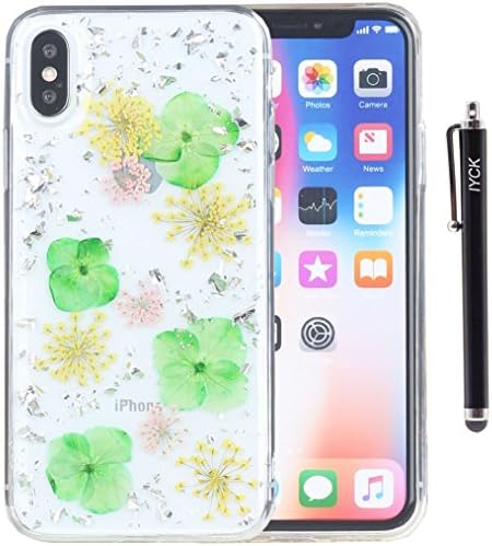 iPhone X Case, iPhone Xs Case, iYCK Handmade [Real Dried Flower] Pressed Floral Gold Foil Embedded Bling Glitter Sparkle Flexible Soft Rubber TPU Back Cover Case for iPhone X/Xs 5.8'' - Green Silver