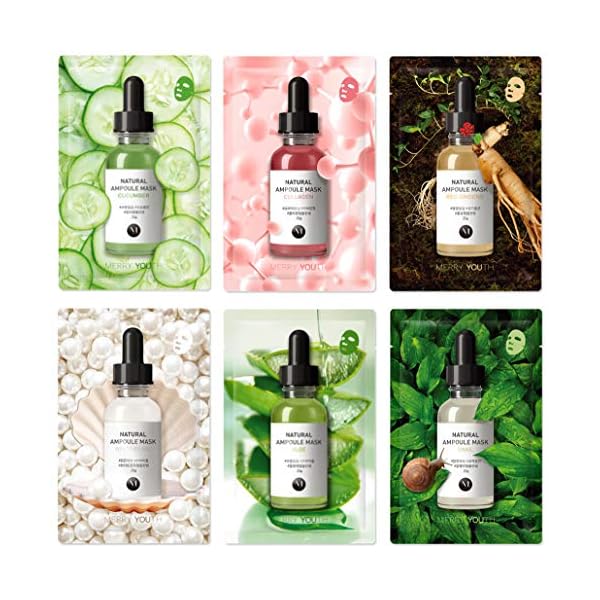 Korean Skin Care Face Mask Sheets - Natural Ampoule Masks set (pack of 6) - Snail, Collagen, Red Ginseng, White Pearl…