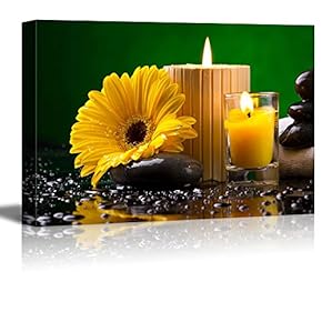 Canvas Prints Wall Art - Spa Still Life with Yellow Flower, Candles Pebble and Water Drop | Modern Wall Decor/Home Art Stretched Gallery Canvas Wraps Giclee Print & Ready to Hang - 12" x 18"