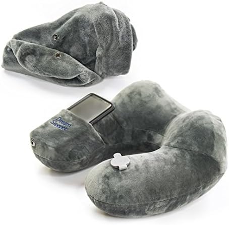 Dream Sleeper Inflatable Travel Pillow Or Neck Pillow with Cell Phone Pocket, Roll and Snap Design for Travel, Big Inflate Valve. If You Loose It We Will Replace It for Free