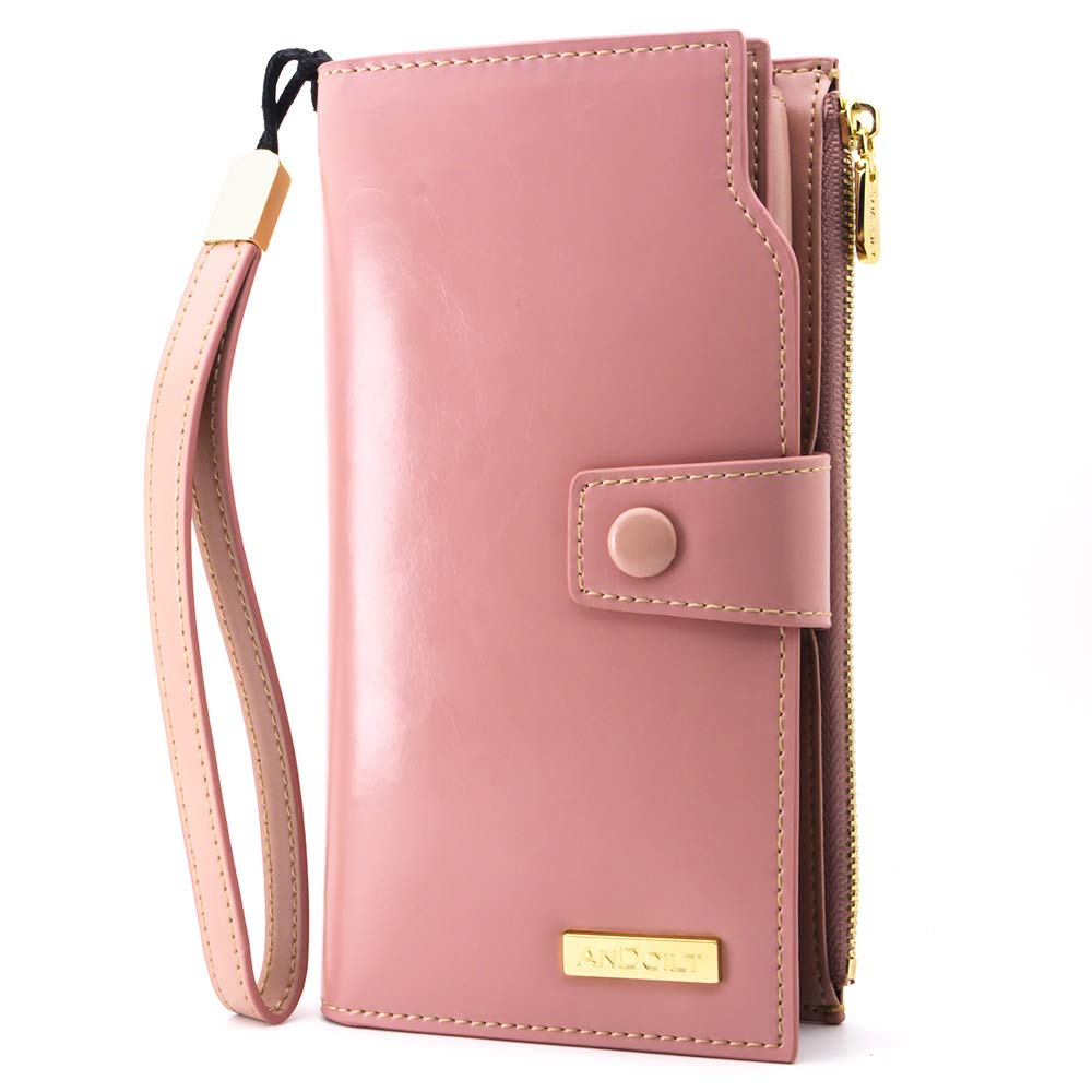 ANDOILT Ladies Purse Wallets for Women RFID Blocking Large Capacity Luxury Wax Genuine Leather Clutch Wallet Card Holder Pink