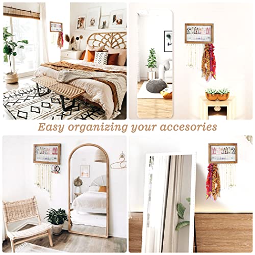 Jewelry Organizer Wall Mounted Mesh Rustic Wood Vanity Jewlerynorganizer Display Earring Storage Holder Organiser with Hooks Hanging Earing, Necklace, Bracelet and Sunglasses(Stencil)