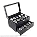 Caddy Bay Collection Black Carbon Fiber Pattern Watch Box Display Storage Case with Glass Top, Blue Stitching Perforated Soft Pillows Holds 20 Watches - Blue Stitching