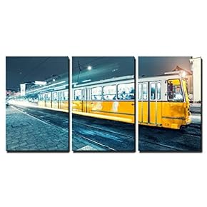 3 Piece Canvas Wall Art - Old Tram in The City Center of Budapest, Old Tram at Train Stations - Modern Home Art Stretched and Framed Ready to Hang - 16"x24"x3 Panels