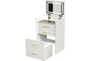 Vanity Desk, 60cm Wide Small Makeup Table with Flip Top Mirror and Adjustable Lights, Chair and 4 Drawers with Rails