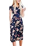 NICIAS Women Floral Short Sleeve Tunic Vintage Midi Casual Dress with Pockets Navy S