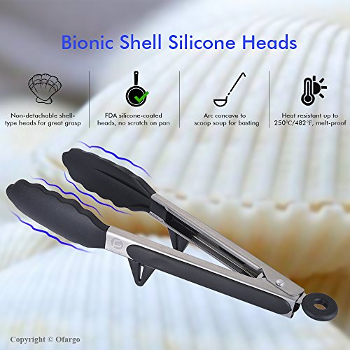 Kitchen Tongs, Ofargo Non-Stick Cooking Tongs Stainless Steel, Serving Gadgets with Heat Resistant Silicone Tips Stands Locking Clip Food-Grade for BBQ Grill Kitchen (9"+12" 2-Pack, Black)