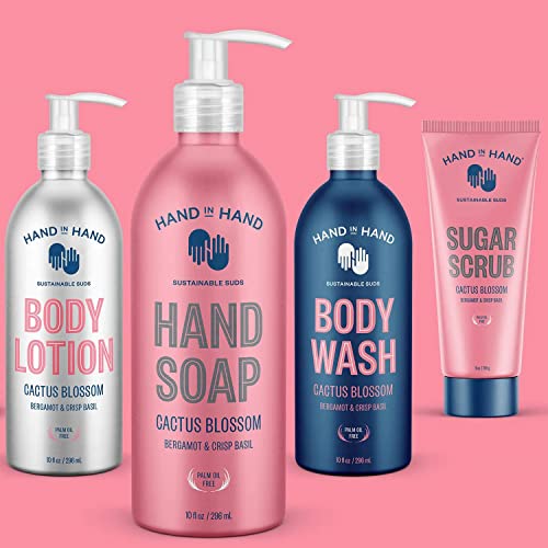 Hand in Hand Body Wash, Body Lotion, Liquid Hand Soap, and Sugar Scrub