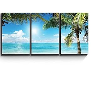 3 Piece Canvas Print - Contemporary Art, Modern Wall Art - Tropical Blue Waters Framed by Palms - Giclee Artwork - Gallery Wrapped Wood Stretcher Bars - Ready to Hang 16"x24"x3 Panels