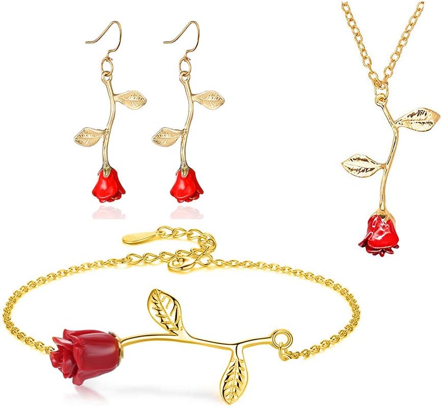 Charm 3D Red Rose Flower Pendant Necklace, Romantic Rose Flower Necklace for Women, Personalized Red Rose Statement Necklace for Girls, Gardeners Necklace