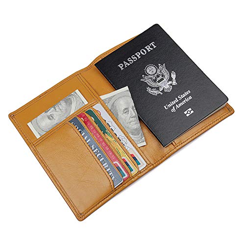 RFID Blocking Passport Holder Travel Wallet - Genuine Leather Black Bifold Wallet (Yellow)