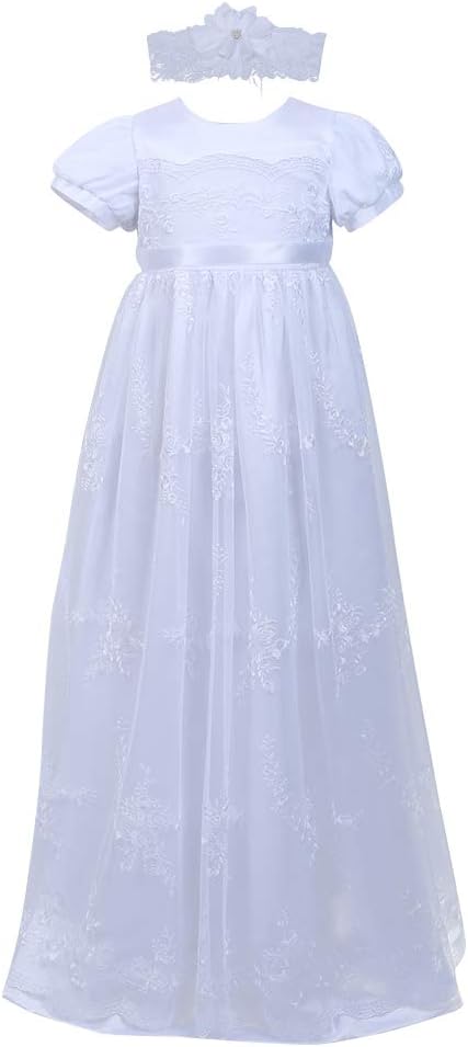 NIMBLE Baby Girls Newborn Christening Embroidered Gown Dress Outfit with Headband,0-15M