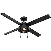 Hunter 52 inch Outdoor or Indoor Ceiling Fan with LED Light and Pull Chain - Black Ceiling Fan, Standard Mount, 4 Blades, For