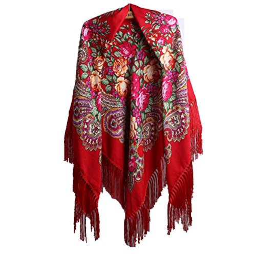 COSAUG Traditional Ukrainian Scarf and Wrap With Tassel Pavlovo Posad Shawl For Women Square Size (Red)