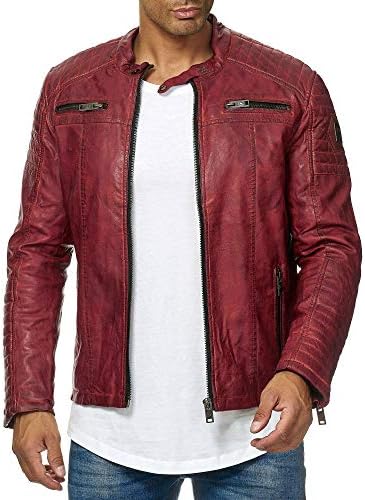 RED BRIDGEModern Real Leather, Cotton and Synthetic Leather Jacket for Men - Dark Red