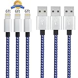 iPhone Cable - Aonsen 3Pack 6FT Extra Long Nylon Braided Charging Cord Charger, Lightning to USB Cable for iPhone 7, 7 Plus, SE, 6s, 6, 6 +, 5, 5s, iPad Air / Mini, iPod (Blue & White)