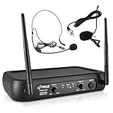 Dual Channel Wireless Microphone System - VHF Fixed Dual Frequency Wireless Mic Receiver Set with 2 Lavalier, 2 Headset Mics, 2 Transmitter, Receiver - For PA, Karaoke, Dj Party - Pyle Pro PDWM2145