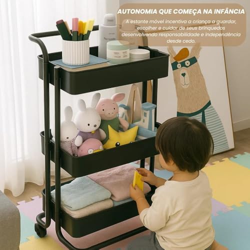 Carrinho Organizador Multiuso 3 Andares com Rodinhas — Estante Móvel para Banheiro, Cozinha, Lavanderia e Escritório, Aço Inox com Cestos Removíveis, Preto