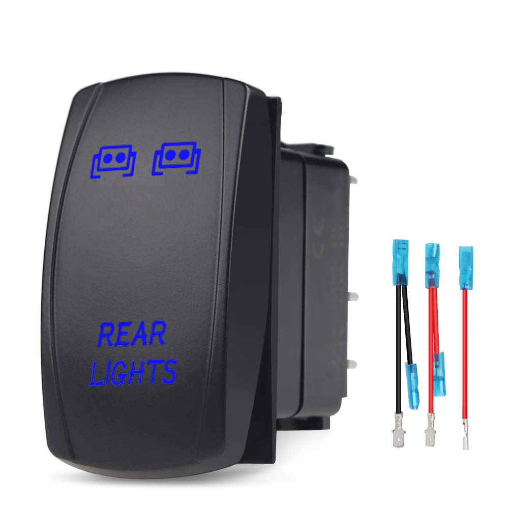 WATERWICH 5 Pin Rear Lights Illuminated Rocker Toggle Switch Waterproof with Jumper Wires Set DC 20A 12V/10A 24V Black Shell/ON-Off SPST Rocker Switch for Auto Truck Boat Marine RV Off Road