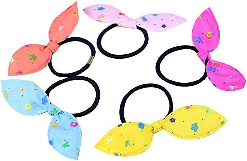 SEEKO 5pcs Cute Women's Dot Rabbit Ear Hair Bow Tie Bands hair circle Chiffon Ponytail Holder color randomly TFA284