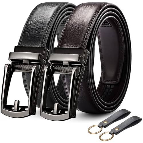 LEMONSEA Cinturones Hombre, 2 Piezas Cinturón Hombre Cuero, Cinto Hombre con Hebilla Automática Ajustable, Cinturones Hombre Piel para Traje, Estilo Casual y Vaqueros, con 2 Llavero (Negro & Marrón)