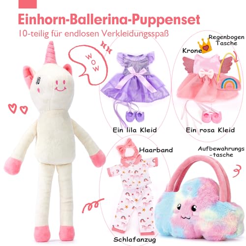 hahaland Plush Toy Unicorn Toy from 3-8 Years, Soft Ballet Unicorn Rag Doll Cuddly, Unicorn Cuddly Toy Set with 3 Clothing Set for Dressing, Unicorn Gifts for Girls 3 4 5 6 7 Years
