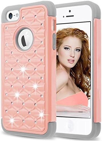 iPhone Se Case,iPhone 5s Case,iPhone 5 Case,MANDYCOWRY [2-Layer] Studded Rhinestone Crystal Bling Diamond Hybrid Armor Defender Cover(Rose Gold/Grey)