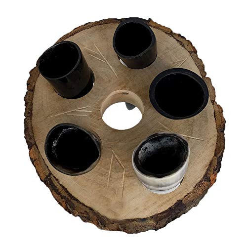 Alehorn Handcrafted Genuine Viking Wine/Mead Drinking Horn 50 ML Toasting Horn Shot Glasses Set of 5 w/Rustic Custom Wooden Holder Tray Rack Display Stand Decor
