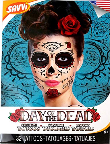 Red Roses Day of the Dead Sugar Skull Temporary Face Tattoo Kit - Pack of 2 Kits