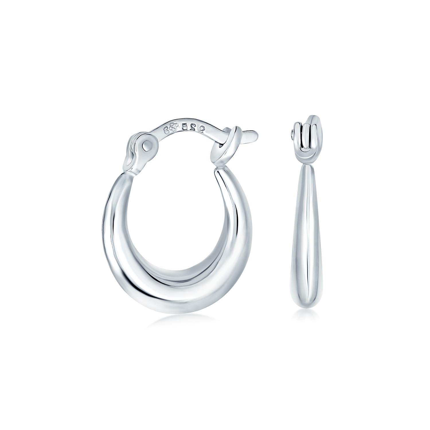Round Circle Polished Finish Crescent Tapered Tube Hoop Earrings For Women .925 Sterling Silver Hinged Notched Post .50 Inch Diameter