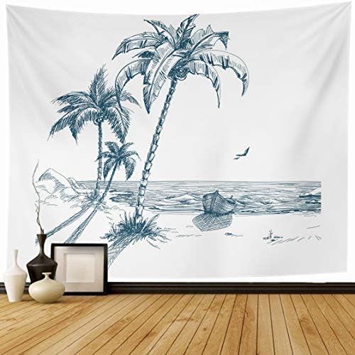 DIYCow Tapestry Wall Decor 80 x 60 Inches Seascape Summer Beach Palm Trees Season Seagulls Boat Holidays Design Tree Tapestries Wall Hanging Home Decor for Home Office Bedroom Living Room Dorm