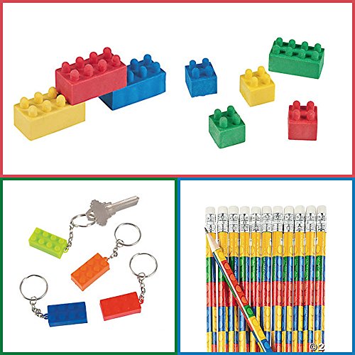 48 pc Color Brick Party Favors - Pencils, Erasers and Key Ch