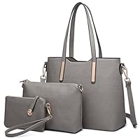 Miss Lulu Women Fashion Handbag Shoulder Bag Purse Faux Leather Tote Handbags Set 3 Pieces (6648 Grey)