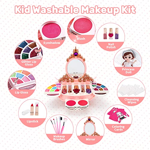 EveStone Kids Makeup Kit for Girl, 3 in 1 Play Makeup Set with Washable Non-Toxic Cosmetic, Princess Doll, 51PCS Real Make Up Toys Birthday Gift for Toddler Children Age 3-4-5-6-7-8-9 Year Old