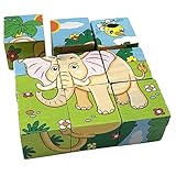 Rolimate Educational Preschool Wooden Cube Block Jigsaw Travel Puzzle - Lion Zebra Elephant Rhinoceros Tiger Rabbit, Birthday Gift Toy for age 3 4 5 Year Old and Up Toddler Kid Baby Children Boy Girl