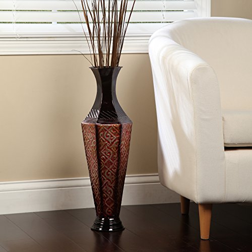 Hosley's Decorative Red Black Embossed Metal Tall Floor Vase 23.5 Inch