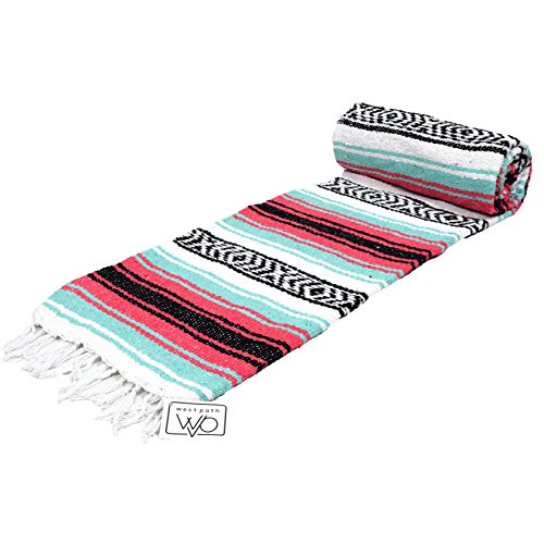 Mint Green and Coral Red Pink Mexican Blanket - Authentic Mexican Flasa - Great Yoga Blanket, Beach Blanket, Picnic Blanket, or Mexican Throw! Handwoven