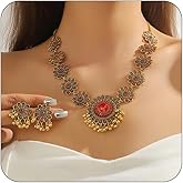 Bethynas Indian Jewelry Set for Women Boho Gold Crystal Flower Choker Necklace Retro Dangle Drop Earrings Traditional Bridal Wedding Belly Dance Accessories Set