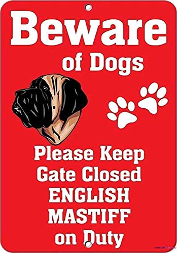 Hisense Novelty Warning Metal Tin Sign English Mastiff Dog Beware Of Fun Sign Outdoor Security Farm yard Warning Decoratives Metal Aluminum Sign 8 X 12 INCH
