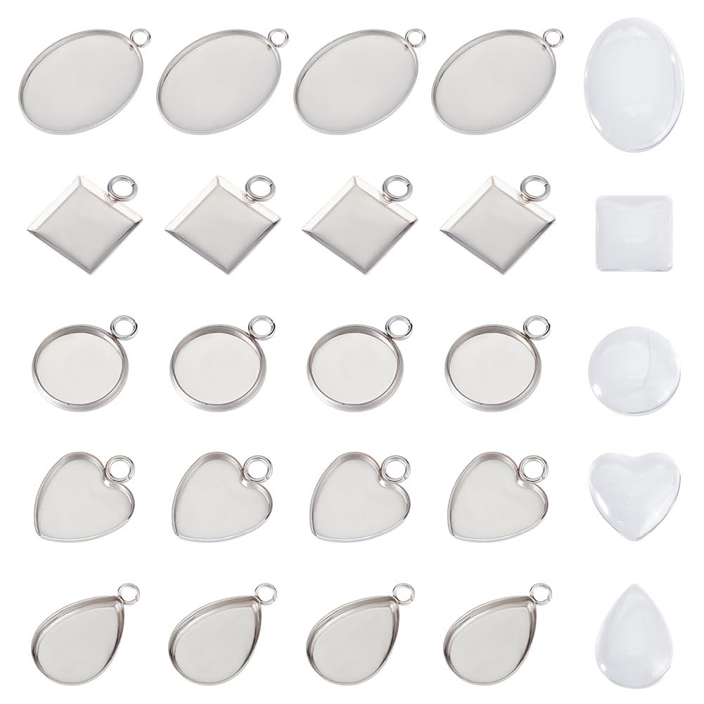 UNICRAFTALE 60pcs 5 Styles 30set Cabochon Pendant Settings Stainless Steel Blank Bezel Pendant Trays Oval Teardrop Heart Flat Round Square Base Cabochon Charm with Glass Cabochons for Jewelry Making