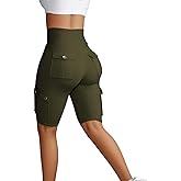 Sumleno Women Tummy Control Butt Lifting Shorts Knee Length High Waist Flap Pocket Workout Bermuda Cargo Running Shorts