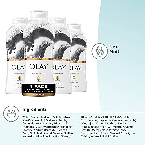 Olay Cleansing Infusion Body Wash, Charcoal + Mint, 22 Fl Oz (Pack of 4