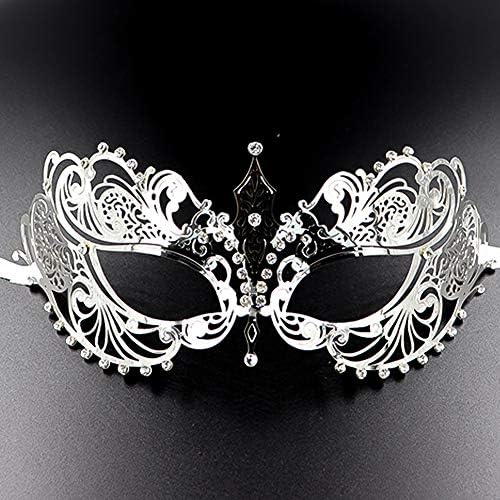 BORPEIN Venetian Masquerade Mask for Women Ultralight Metal Mask Shiny Metal Rhinestone Venetian Pretty Party Mask (Silver)
