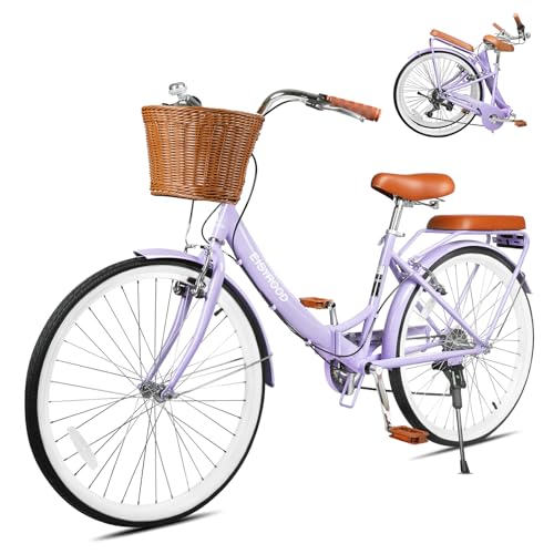kaiwrxin 26 Inch Folding Beach Cruiser Bike for Women, 7-Speed Ladies Bike with Basket & Rack, Perfect for City Commuting's Bicycle, Ideal for Women and Adults (Purple)